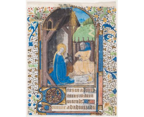 French Workshop.- Single&nbsp;leaf&nbsp;from an illuminated&nbsp;Book&nbsp;of&nbsp;Hours&nbsp;with arched miniature depicting