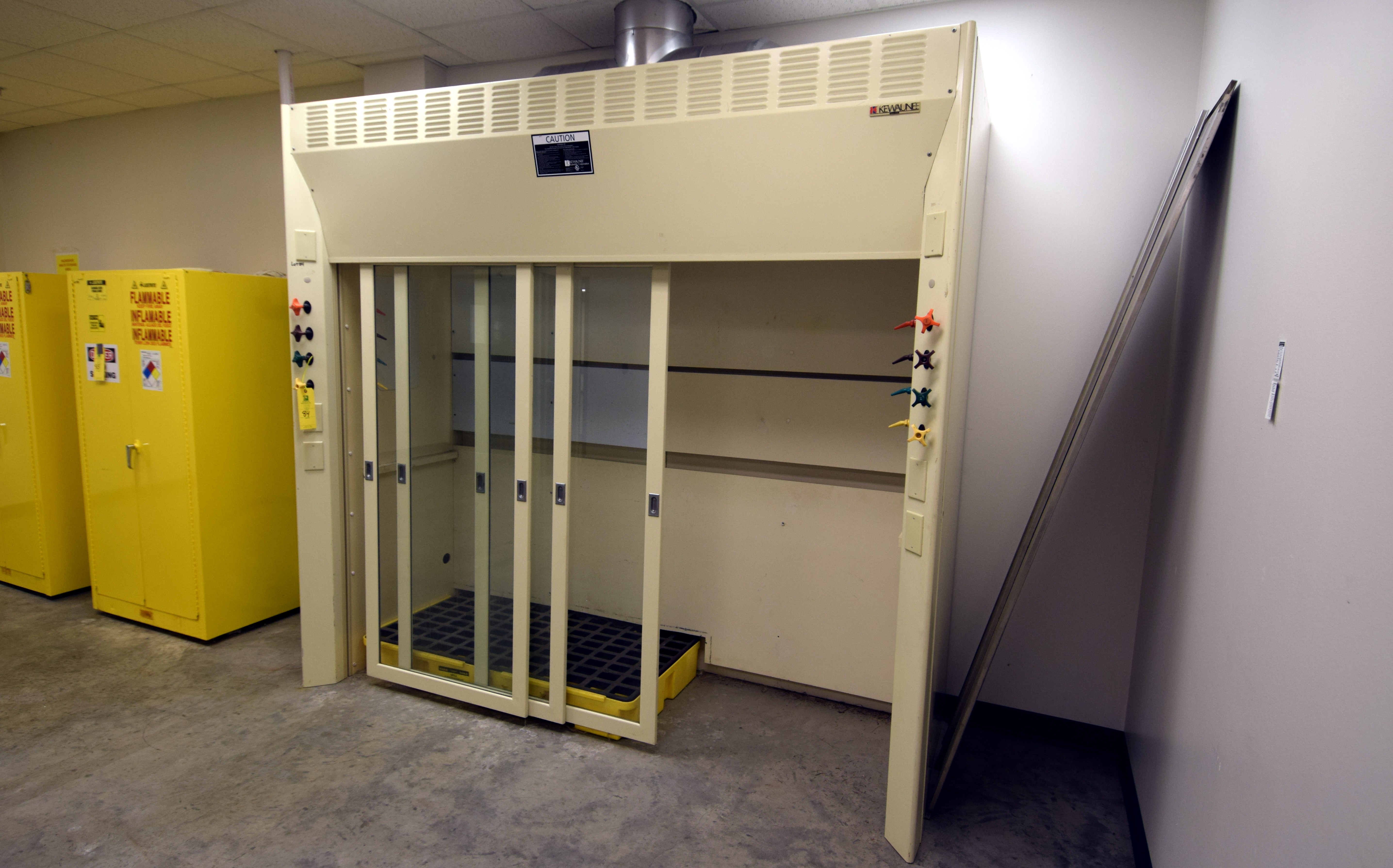 Kewaunee Scientific Supreme Air Fume Hood, Model H34. With (3) sliding front glass door, spill sk