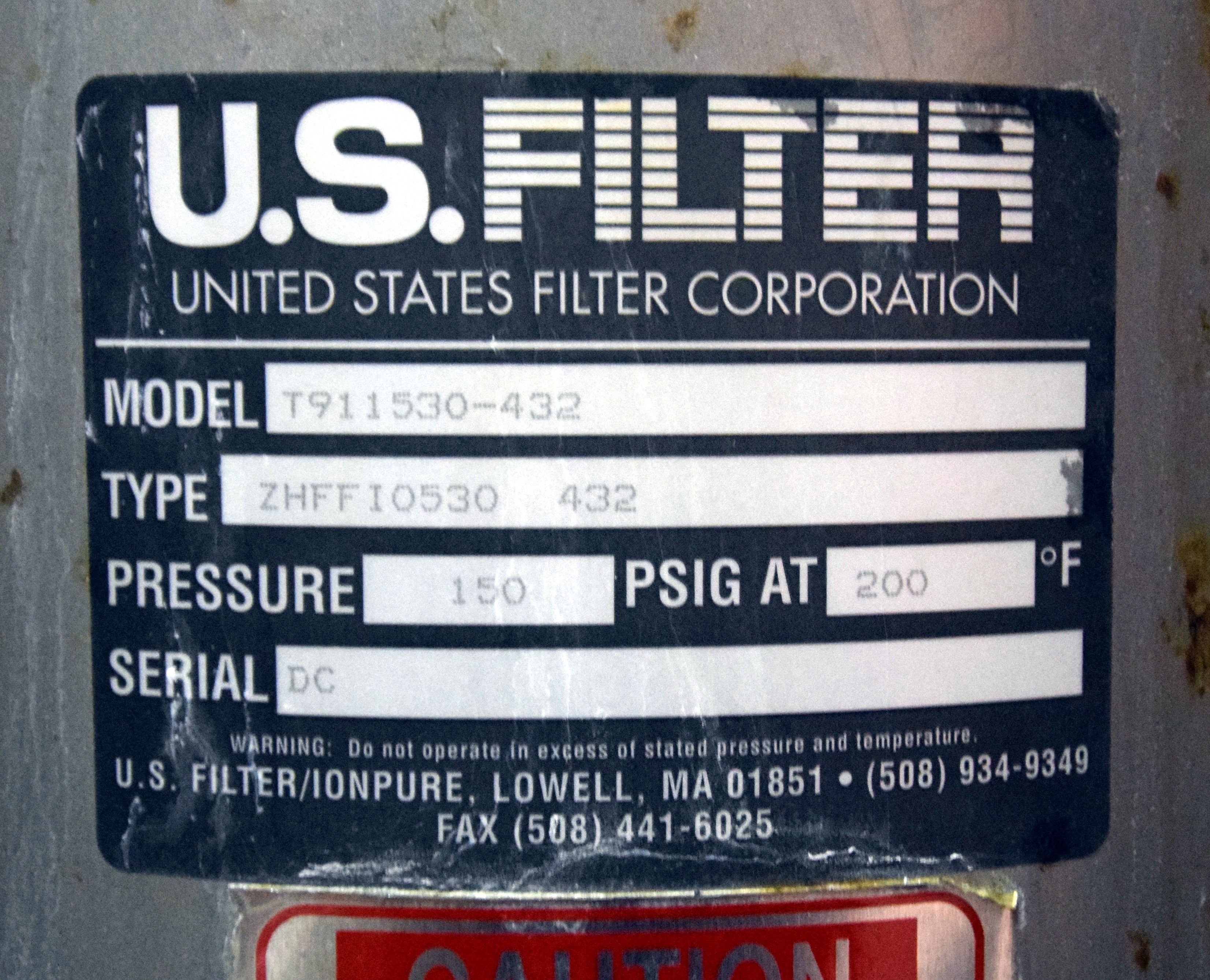 US Filter MultiTube Filter, Model T911530432, Type ZHFFI0530432