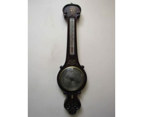 A mid 19th Century rosewood 8" wheel barometer with brass/mother of pearl inlay, long moulded thermometer box with aneroid tu