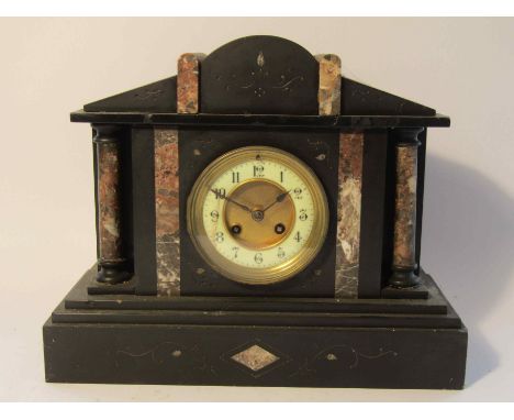 A late 19th Century slate and marble mantel clock of architectural form, Arabic enamelled chapter ring (a/f), French 8 day mo