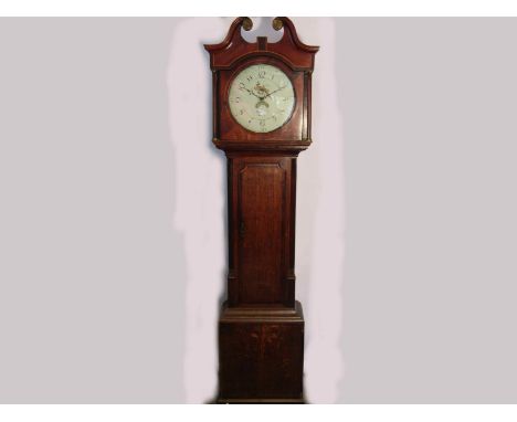 A George III oak 30 hour longcase clock with unusual pinned count wheel to back plate, circular painted 13" dial with calenda