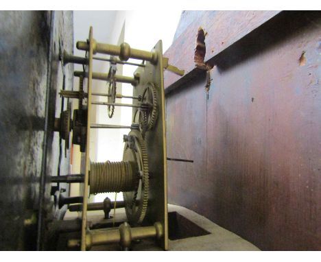 An early 19th Century mahogany and ebony inlaid single weight driven trunk dial/tavern clock, painted metal 14" convex Roman 