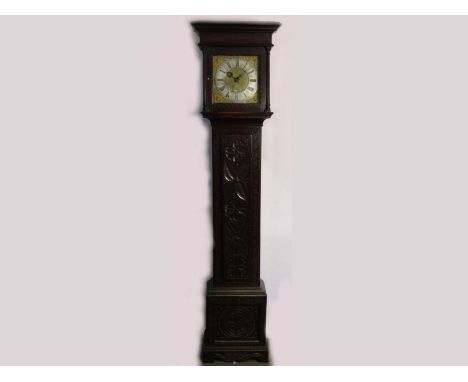 A late 17th/early 18th Century carved oak 30 hour longcase clock, 11" brass square dial with period spandrels, Roman silvered