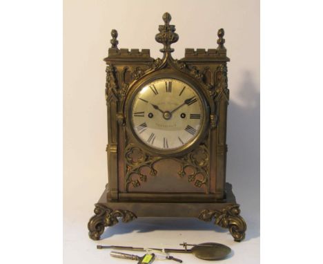 An early Victorian Gothic revival bracket clock in cast metal architectural case (some small remains of original gilding), th