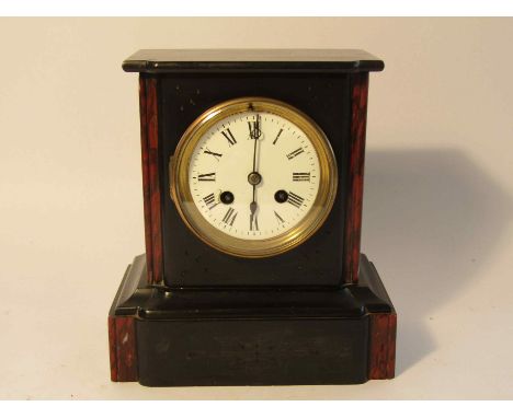 A small late 19th Century slate and rouge marble mantel clock with enamelled Roman dial (a/f), French 8 day movement with cou