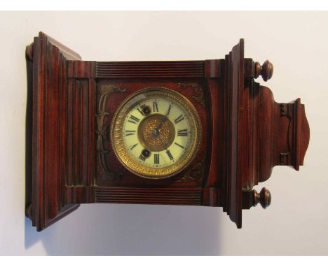 A late 19th Century mahogany mantel clock of architectural form, enamelled Roman chapter ring, 8 day HAC (Hamburg American Cl