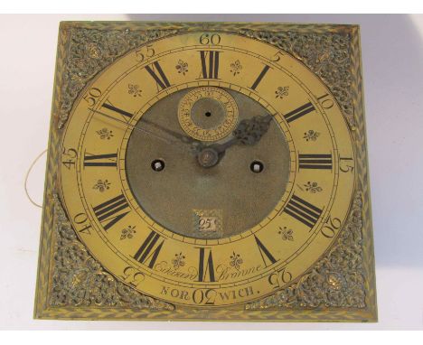 An early 18th Century 8-day longcase clock movement with rack and snail strike and turned pillars, 12" square brass dial with