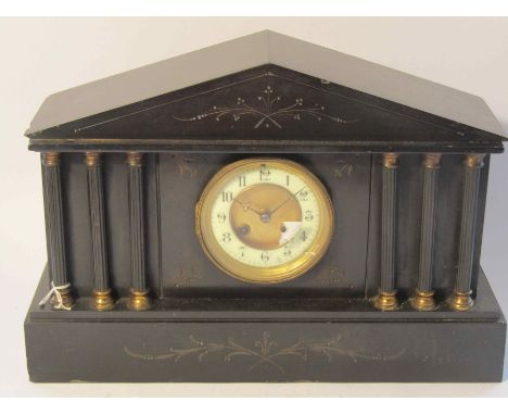 A late 19th Century slate mantel clock of architectural form, Arabic enamelled chapter ring, French 8-day movement with rack 