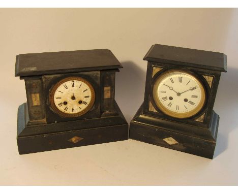 Two late 19th Century French slate and marble mantel clocks with French striking movements, a/f, including Japy Freres 