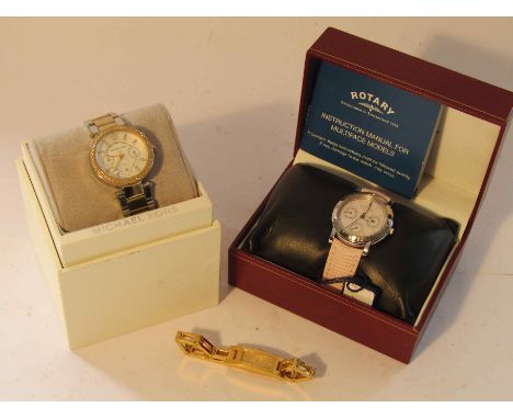 Three lady's quartz watches: Rotary "Rocks" Diamond set, Michael Kors (both boxed) and Gucci 3900L gold plated bracelet watch