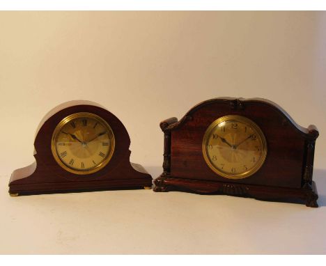 Two Edwardian mahogany timepieces of Napoleon hat and architectural form, gilt brass Arabic engnie turned dials, French drum 
