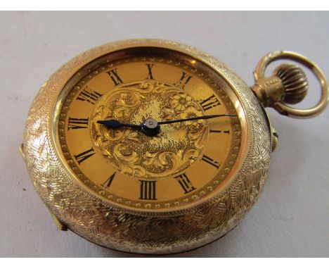 A late 19th Century 15ct gold fob watch with keyless wind and nail button hand setting, gilded Roman dial (some fading to num