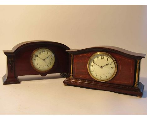 Two Edwardian mahogany cased timepieces of architectural form, both with enamelled Arabic dials and French drum movements wit