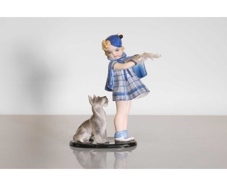 An Austrian Goldscheider 'Komm Mit' figure group, designed c.1936 by Germaine Bouret, model no. 7664 77 16, modelled as a gir