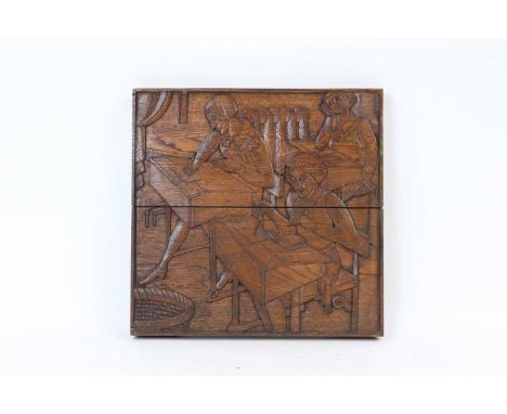 A carved oak panel, 1930s, in low relief depicting schoolgirls in a classroom,52.5cm wide 4.5cm deep51.5cm highCondition Repo