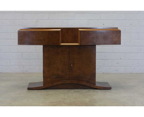 A French Art Deco walnut console table, 1930s, the demilune top with a bevelled edge over two frieze drawers, on a pedestal s