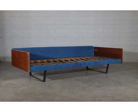 A daybed, designed by Robin Day (1915-2010) for Hille, with blue wool upholstered rest, with latticed web straps, 195cm wide 