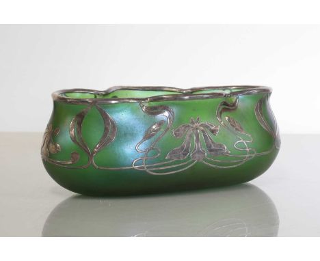 A Loetz-style overlaid silver glass planter,  of lobed form, the sinuous inlay with leaves and flower heads, etched '627 M154