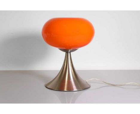 A West German table lamp, 1970s, by Prisma Leuchten, the orange bulbous shade raised on a flared brushed-steel support, touch