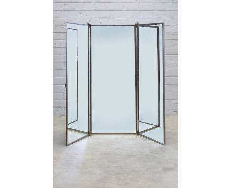 A French Art Deco brass hanging triptych mirror, 1930s, by Miroir Brot, with three hinged mirror plates, the reverse with red