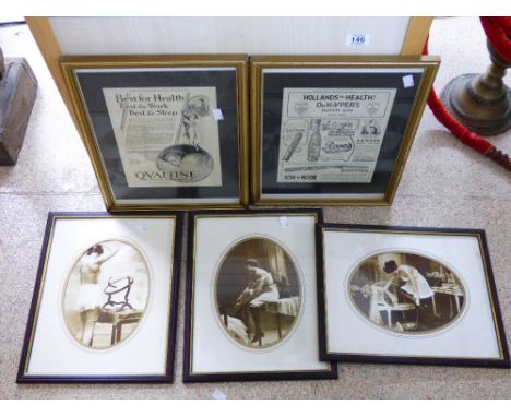 2 FRAMED VINTAGE ADVERTISEMENTS & 3 FRAMED RISQUE PICTURES