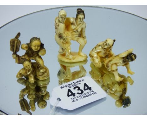 3 X FAUX IVORY RISQUE JAPANESE FIGURES + 1 FAUX IVORY NETSUKE