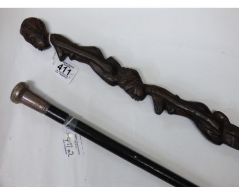 HALL MARKED SILVER TOPPED WALKING CANE + A CARVED AFRICAN WALKING STICK