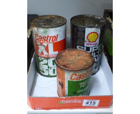 2 X VINTAGE CASTROL & SHELL OIL CANS(FULL) + 1 X VINTAGE CASTROL GREASE CAN