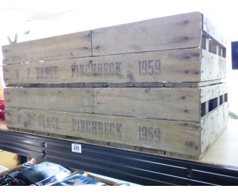 2 X LARGE VINTAGE WOODEN ADVERTISING CRATES. W.P. DANCE PINCHBECK 1959