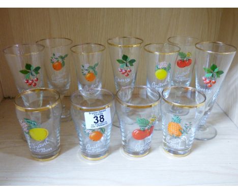 11 X VINTAGE FRUIT DECORATED GLASSES, CHERRY B & BRITVIC