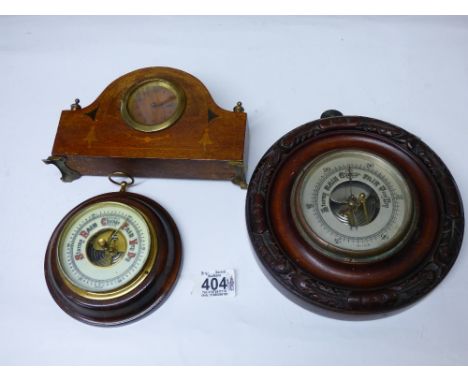 2 X BAROMETERS + EDWARDIAN MANTLE CLOCK