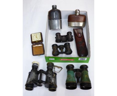 2 X VINTAGE FLASKS, SPECTACLES, CLOCK, BINOCULARS INCLUDING A PAIR OF WW1  AUSTRO HUNGARIAN ARMY BINOCULARS, FOR SPARES OR RE