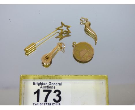 3 X 9 CT GOLD PENDANTS + 9 CT GOLD STICK PIN. 3.5 GRAMS