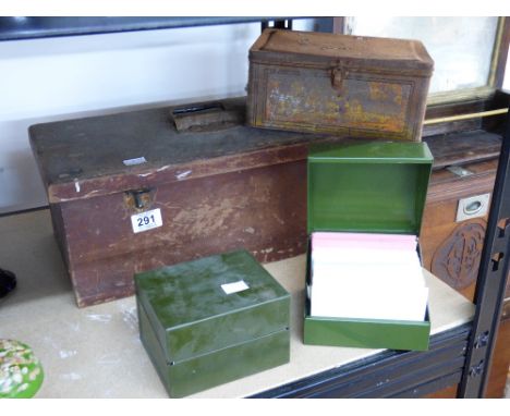 SMALL WOODEN VINTAGE TOOL BOX, 2 METAL INDEX CARD HOLDERS + 1 OTHER
