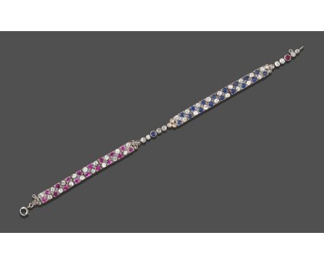 A Sapphire, Ruby and Diamond Bracelet, one section composed of alternating old cut diamonds and rubies and another composed o