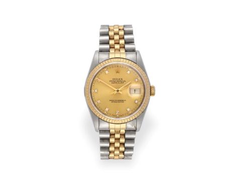 A Steel and Gold Automatic Calendar Centre Seconds Wristwatch with Diamond Set Dial Hour Markers, signed Rolex, Oyster Perpet
