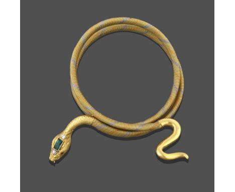 A Victorian Snake Bangle, the tri-colour mesh body terminates to a yellow engraved head and tail, with old cut diamond, step 