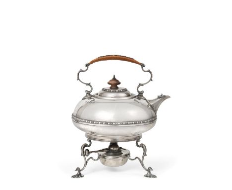 A George V Silver Kettle, Stand and Lamp, by Elkington, Birmingham, 1919, compressed globular and with egg and dart border, w