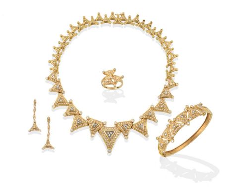 A Diamond Necklace, Bangle, Drop Earring and Ring Suite, of a geometric design, with a central eight-cut diamond set section,