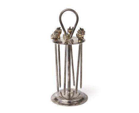 A Set of Six Silver Plate Cocktail-Sticks and Stand, Retailed by Dunhill, 20th Century, each stick with cast devil terminal, 