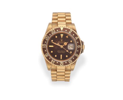 A Rare 18 Carat Gold ''Rootbeer Nipple Dial'' Automatic Calendar Centre Seconds Dual Time Zone Wristwatch, signed Rolex, Oyst