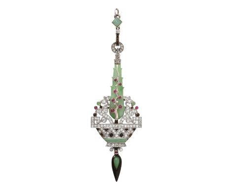 An Art Deco Jade, Diamond, Ruby and Onyx Pendant, Lang, Paris, circa 1925, of geometric giardinetto design, set throughout wi