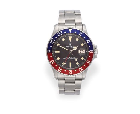 A Rare Stainless Steel Automatic Calendar Centre Seconds Dual Time Zone ''Pepsi'' Bezel Wristwatch, signed Rolex, Oyster Perp