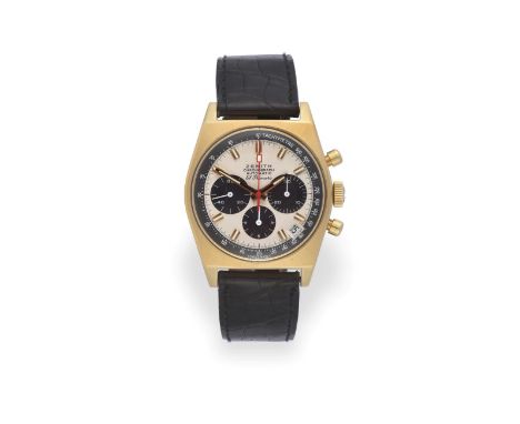 A Rare 18 Carat Gold Tonneau Shaped Automatic Calendar Chronograph Wristwatch, signed Zenith, model: El Primero, ref: G384, c