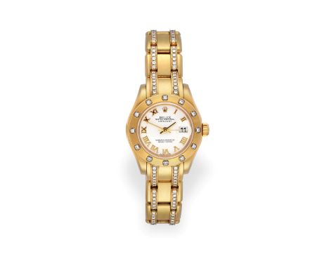 A Lady's 18 Carat Gold Diamond Set Automatic Calendar Centre Seconds Wristwatch, signed Rolex, Oyster Perpetual, Superlative 
