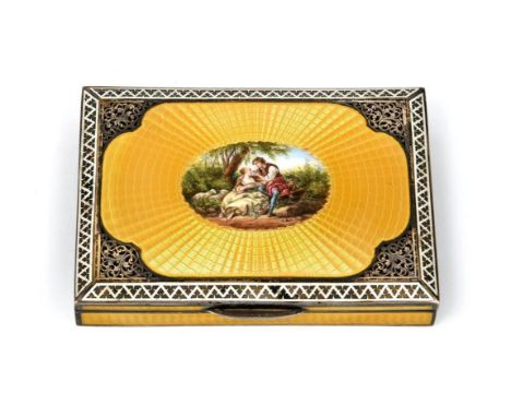 An Austro-Hungarian Silver-Gilt and Enamel Box, Maker's Mark IT, Circa 1900, oblong, the hinged cover enamelled with a scene 