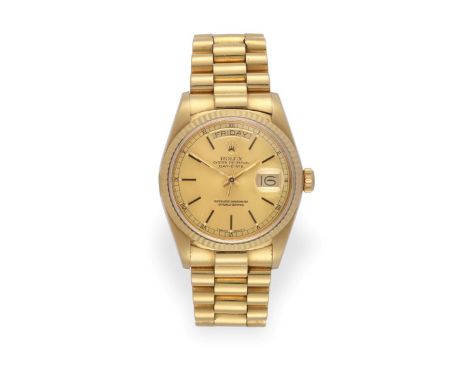An 18 Carat Gold Automatic Day/Date Centre Seconds Wristwatch, signed Rolex, Oyster Perpetual, Superlative Chronometer Offici