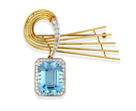 An Aquamarine and Diamond Brooch, the yellow spray motif formed of five yellow bars tapering to a round brilliant cut diamond