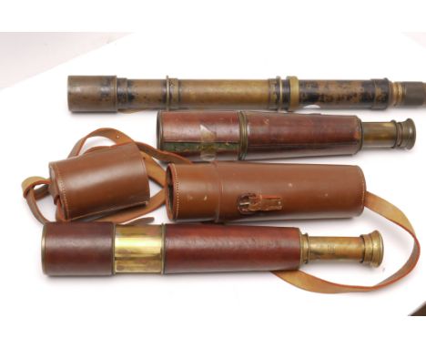 Military Brass Telescopes: three examples, two 4 drawer leather bound type, one from Dallmeyer together with a sighting teles